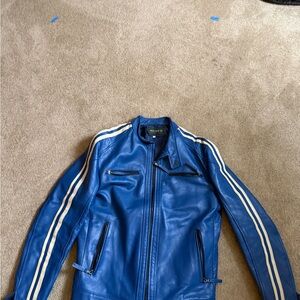 Blue Leather Jacket with White Stripes